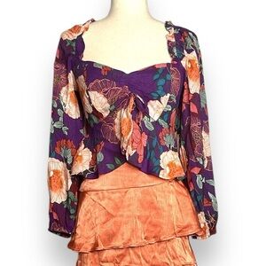 Band of Gypsies Band of The Free Purple Ivory Floral Balloon Sleeve Sweetheart